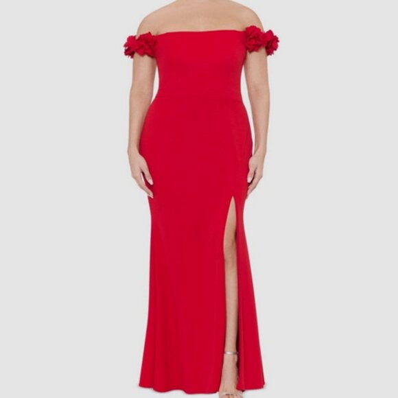 Xscape Red Floral Off-the-Shoulder Short Sleeve Gown - Picture 1 of 2
